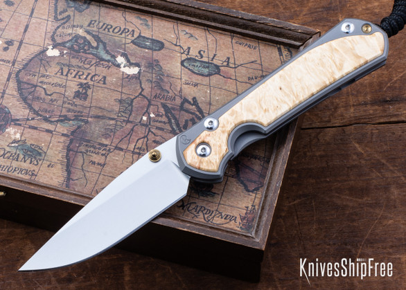 Chris Reeve Knives: Large Sebenza 31 - Glass Blasted Titanium - Box Elder Burl - CPM-MagnaCut - Drop Point - CR10HL032