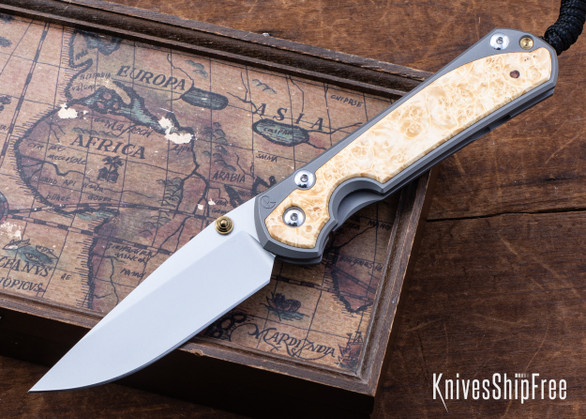 Chris Reeve Knives: Large Sebenza 31 - Glass Blasted Titanium - Box Elder Burl - CPM-MagnaCut - Drop Point - CR10HL033