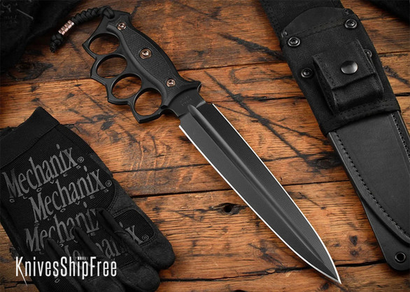 RMJ Tactical: Lady Death - Trench Knife - Black G-10 - CPM 3V - Black Cerakote - Black Leather/Canvas Sheath