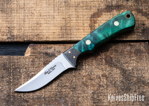  Alan Warren Custom Knives: #2722 Trailing Point Bird & Trout - Stabilized Dyed California Buckeye - Toxic Green G10 Liners - Fossilized Walrus Ivory/Brass Pins - Carbon Fiber Bolster - File Work - CPM-154 