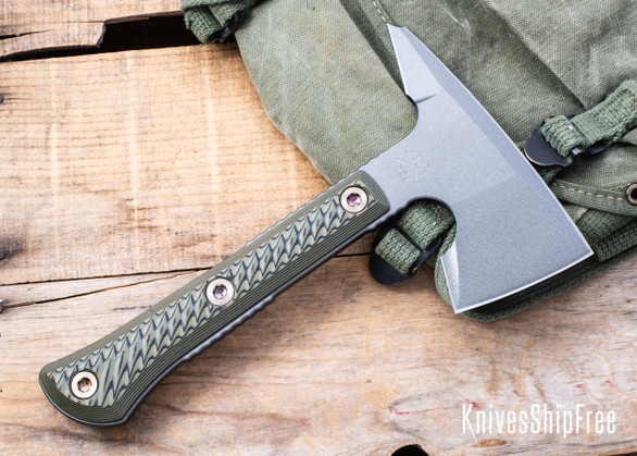 RMJ Tactical: Mini Jenny Spike - 80CrV2 Tomahawk - Textured Dirty Olive G-10 - Tungsten Cerakote