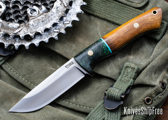 7Forge Knives: Artemis Hunter - Vintage Crosscut Canvas Micarta - Green Maple Burl Bolster - Black Liners - Mosaic Pins - AEB-L