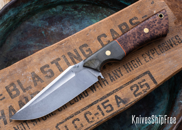 WW Customs: Maverick - OD Canvas Micarta & Thula Burl - Orange Liners - Brass Pins - Stonewashed AEB-L #2