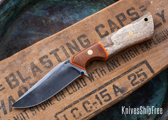WW Customs: Wanderer - Natural Linen Micarta & Spalted Maple - Orange Liners - Brass Pins - Stonewashed 80CrV2