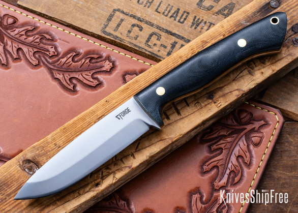 7Forge Knives: Artemis Bushcrafter - Black Canvas Micarta - Natural Liners - Brass Pins - 52100