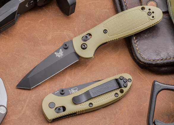 Benchmade Knives: 557BKSN Mini Griptilian - Tanto - Black Blade - Sand Scales