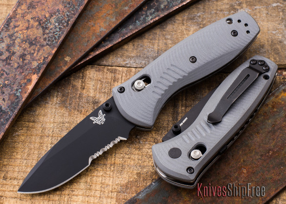 Benchmade Knives: 585SBK-2 Mini Barrage - Gray G-10 - Black Finish - Serrated - AXIS® Assist