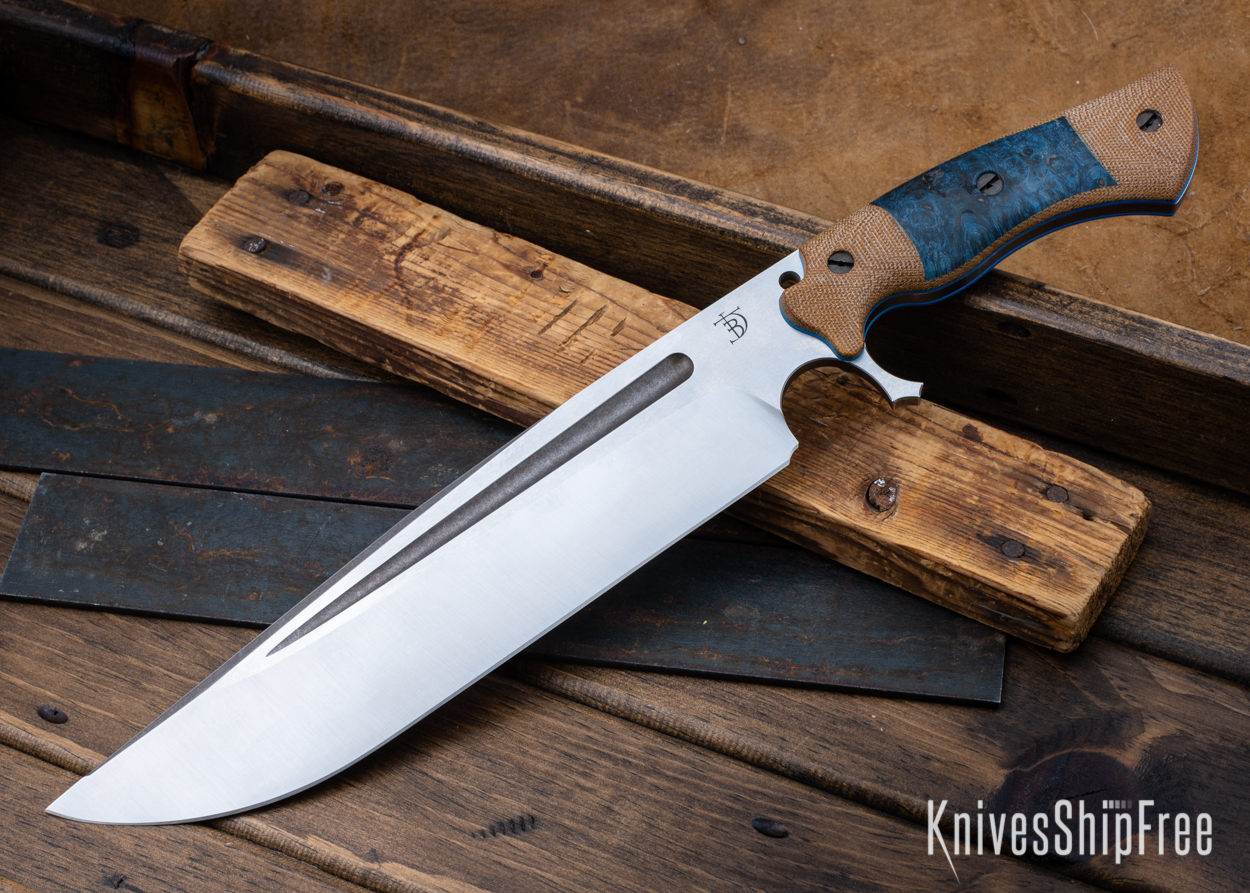 Cave Bear - Nitro-V - Natural Micarta/Blue Maple Burl - Blue Liners - Satin Finish (Front)