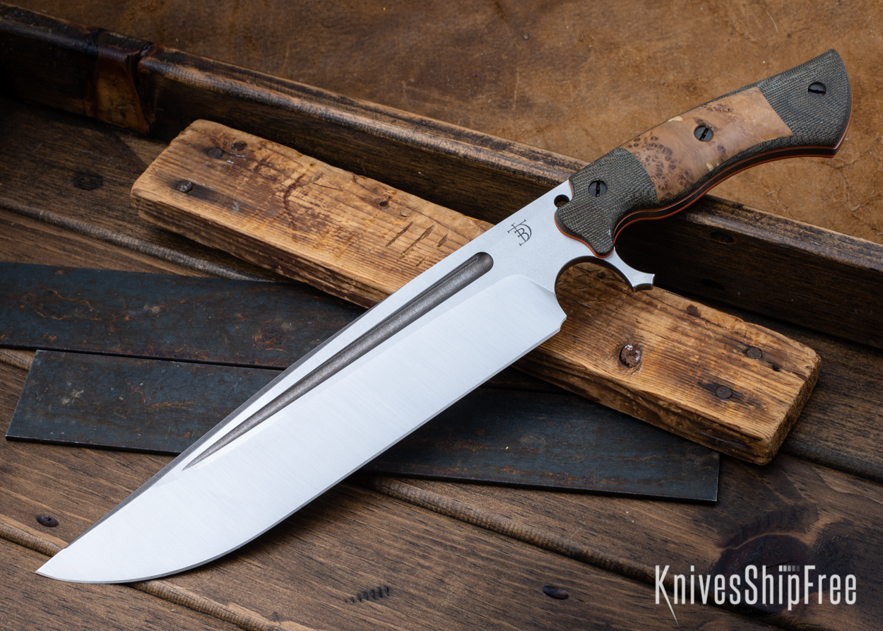 Cave Bear - Nitro-V - OD Green Micarta/Black Ash Burl - Orange Liners - Satin Finish (Front)