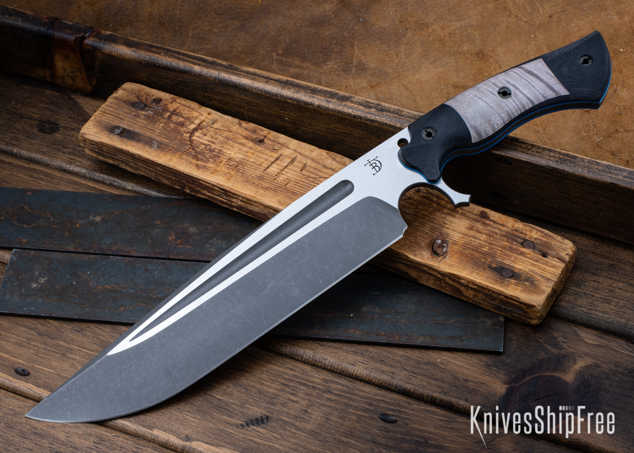 Cave Bear - CPM-3V - Black Micarta/Black Curly Maple - Blue Liners - Acid Finish Finish (Front)