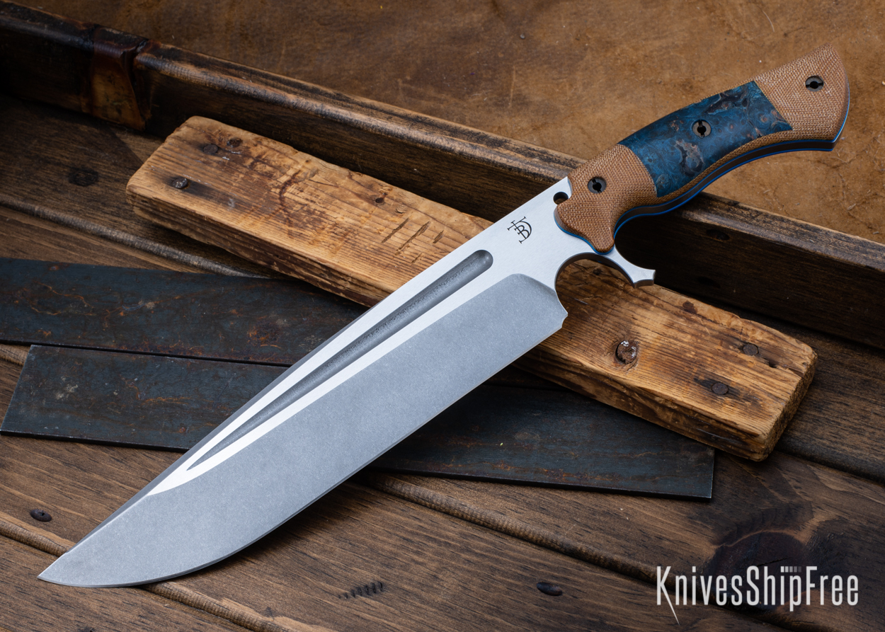 Cave Bear - CPM-3V - Natural Micarta/Blue Maple Burl - Blue Liners - Tumbled Finish (Front)