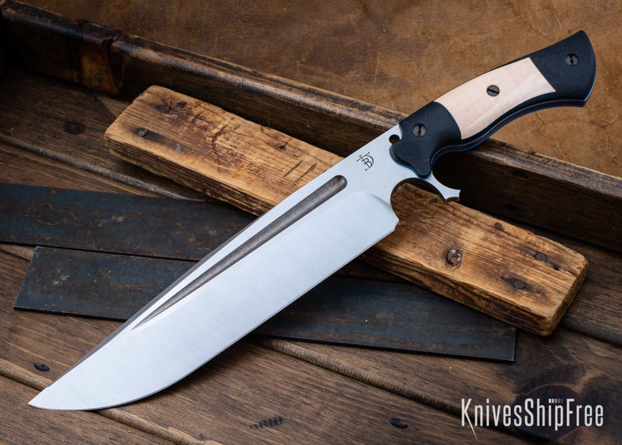 Cave Bear - Nitro-V - Black Micarta/Natural Curly Maple - Blue Liners - Satin Finish (Front)