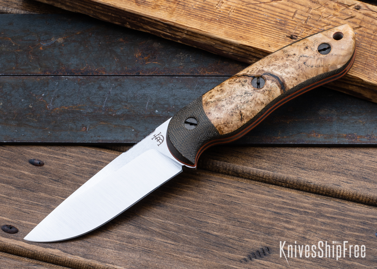 Bushy - Nitro-V - OD Green Micarta/Black Ash Burl - Orange Liners - Satin Finish (Front)