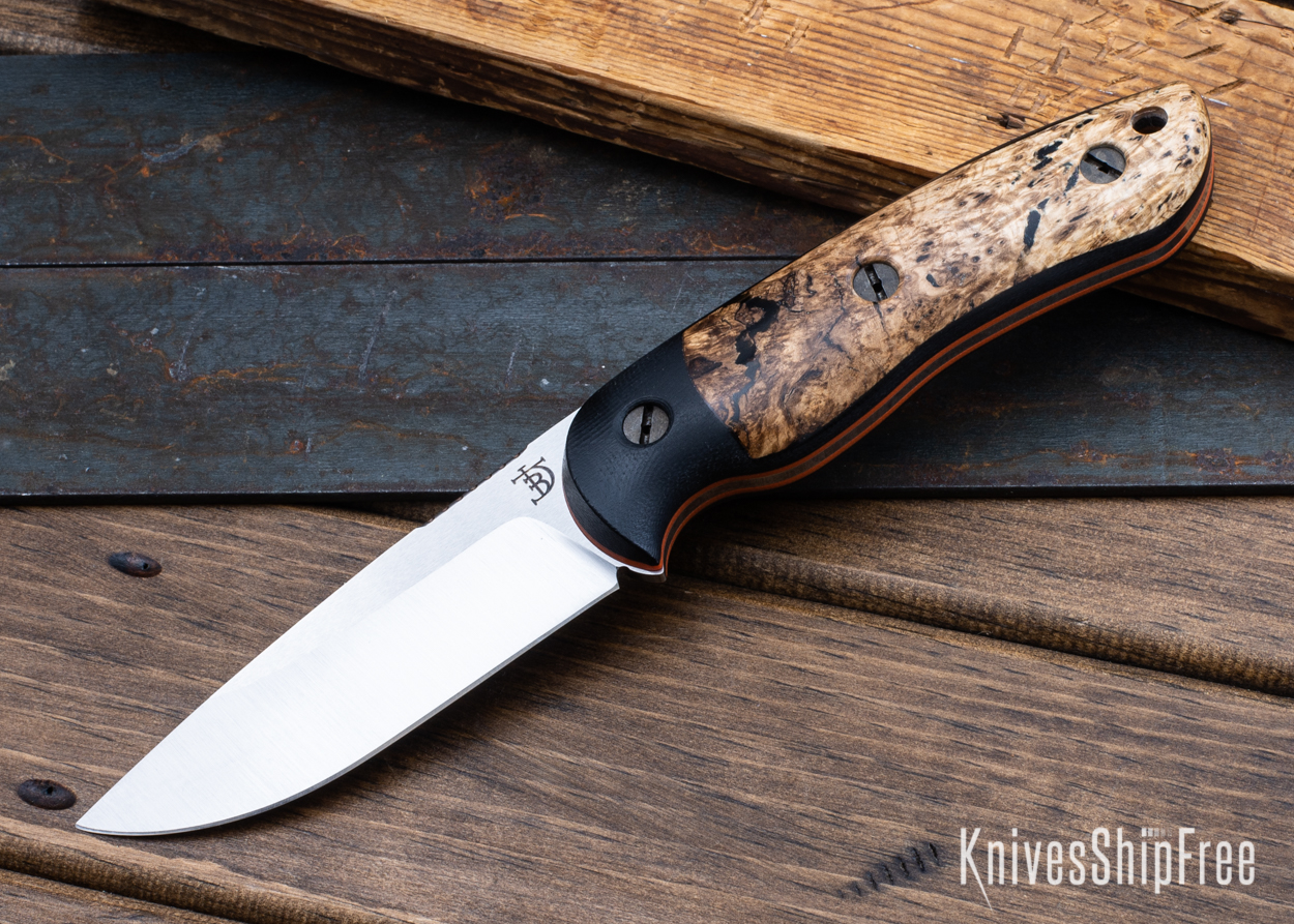 Bushy - Nitro-V - Black Micarta/Black Ash Burl - Orange Liners - Satin Finish (Front)