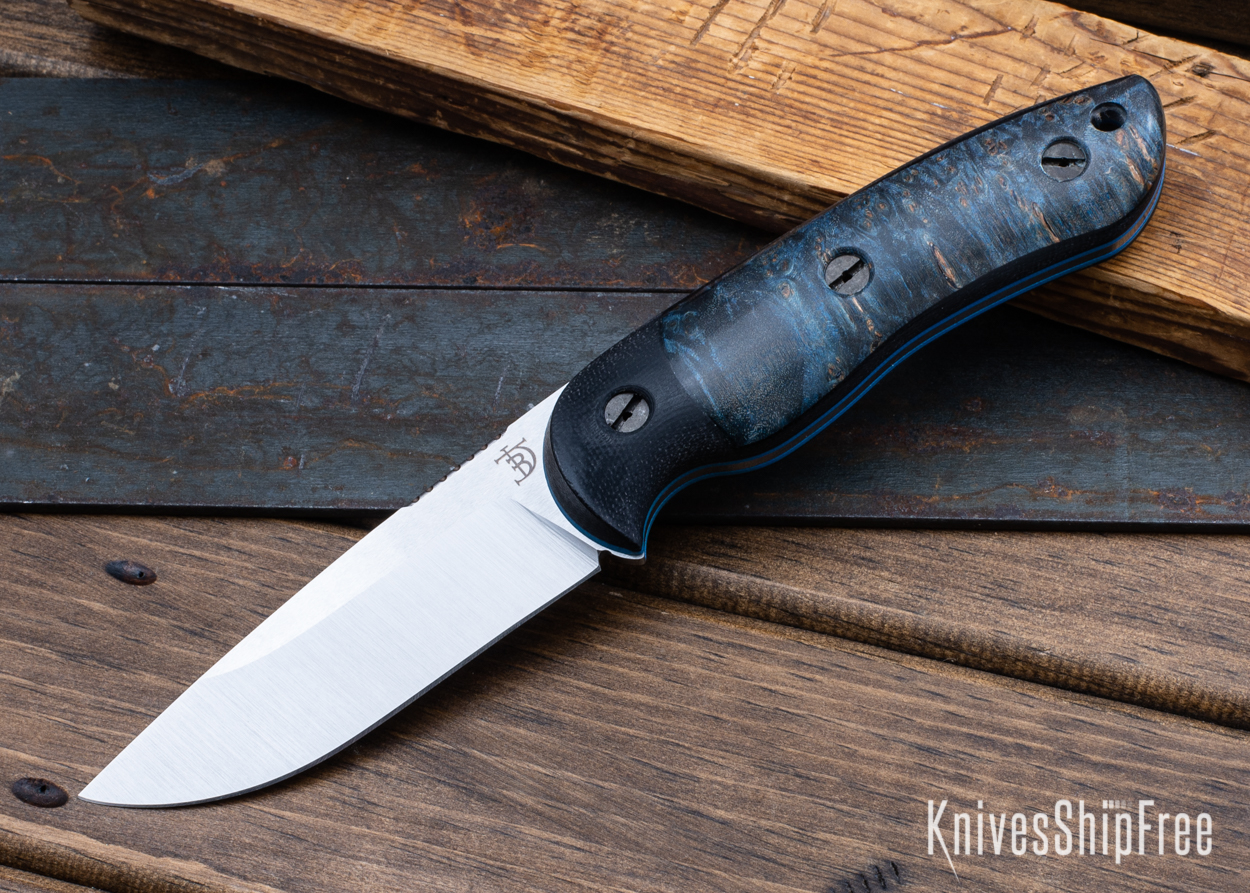 Bushy - Nitro-V - Black Micarta/Blue Maple Burl - Blue Liners - Satin Finish (Front)