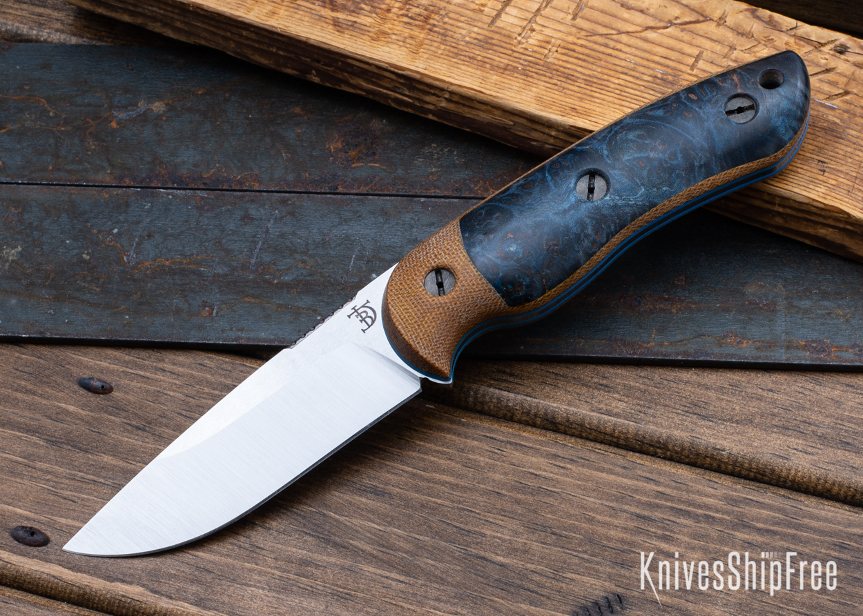 Bushy - Nitro-V - Natural Micarta/Blue Maple Burl - Blue Liners - Satin Finish (Front)