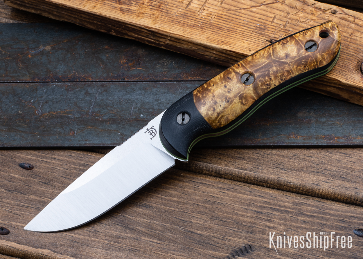 Bushy - Nitro-V - Black Micarta/Maple Burl - Green Liners - Satin Finish (Front)