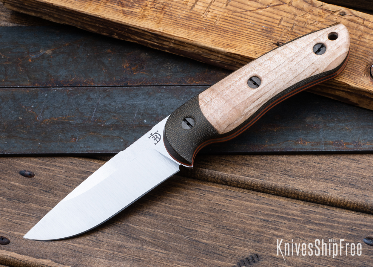 Bushy - Nitro-V - OD Green Micarta/Natural Curly Maple - Orange Liners - Satin Finish (Front)