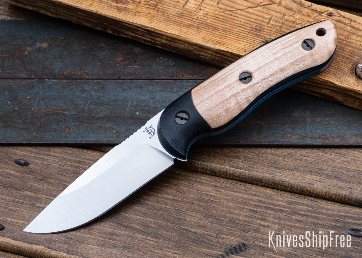 Bushy - Nitro-V - Black Micarta/Natural Curly Maple - Blue Liners - Satin Finish (Front)