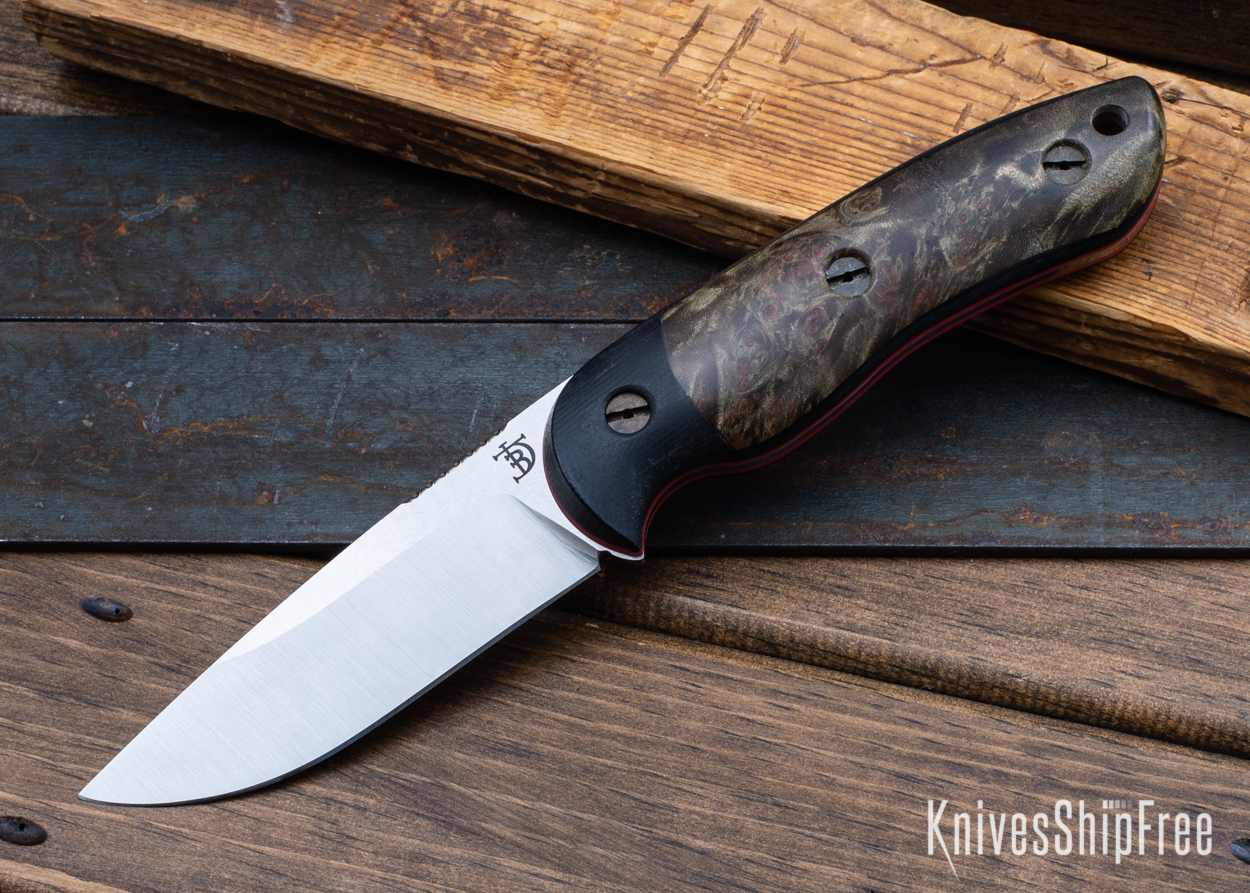 Bushy - Nitro-V - Black Micarta/Dark Maple Burl - Red Liners - Satin Finish (Front)