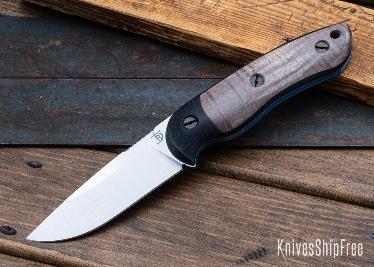 Bushy - Nitro-V - Black Micarta/Black Curly Maple - Blue Liners - Satin Finish (Front)