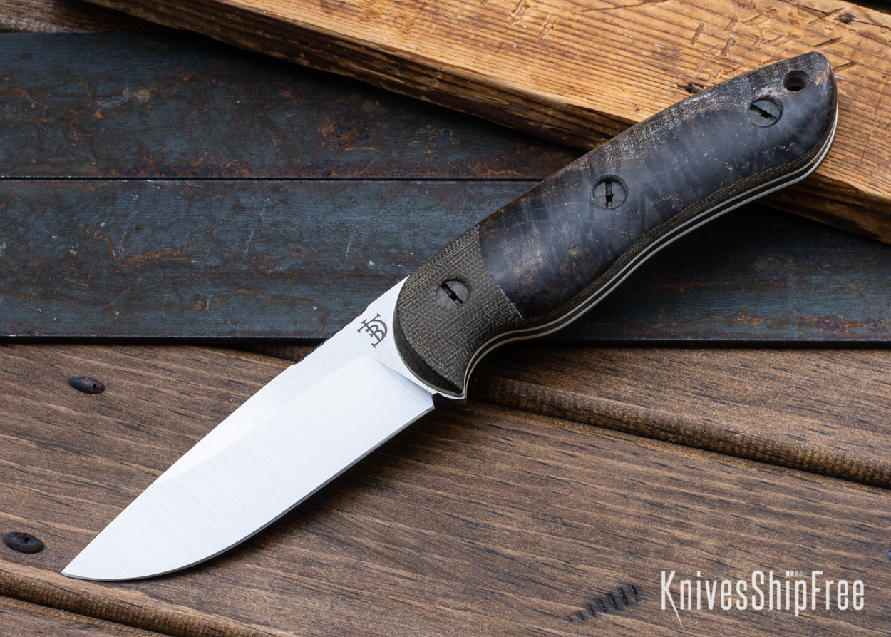 Bushy - Nitro-V - OD Green Micarta/Dark Black Ash Burl - White Liners - Satin Finish (Front)