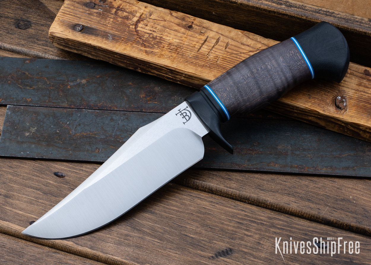 Comanche - S35VN - Gray Curly Maple - Blue & White Liners - Satin Finish (Front)