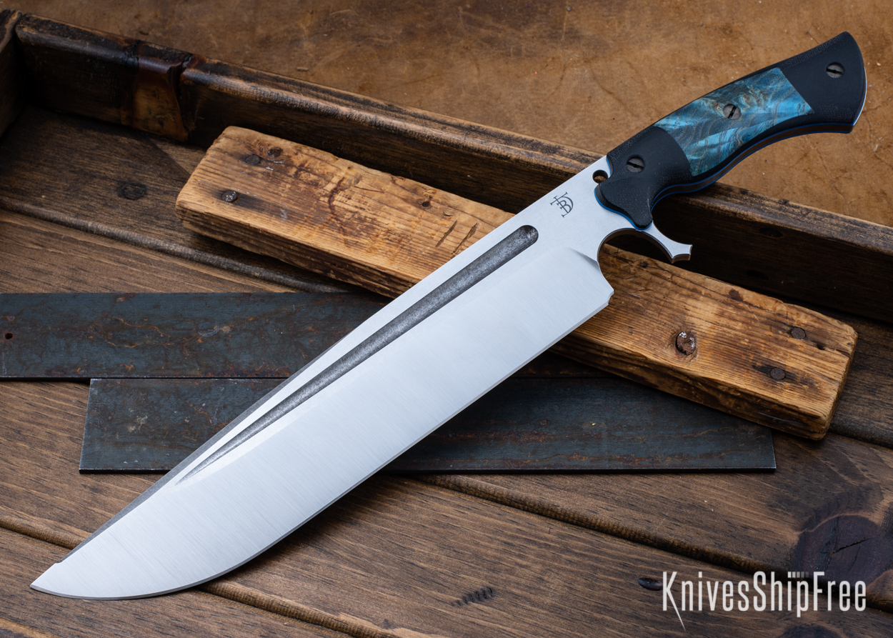 Devil's Horn - 80CrV2 - Black Micarta/Blue Maple Burl - Blue Liners - Satin Finish (Front)