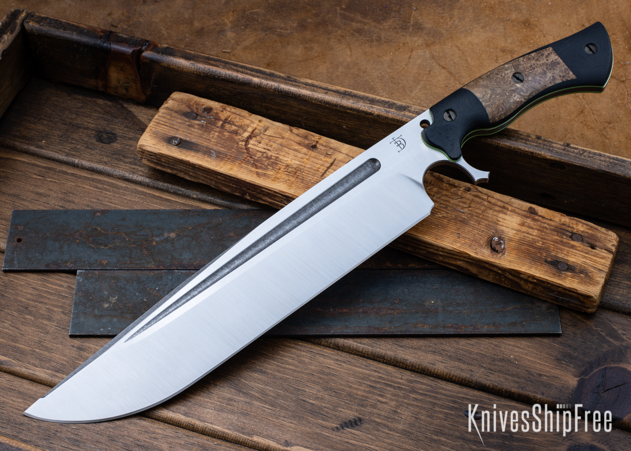 Devil's Horn - 80CrV2 - Black Micarta/Dark Black Ash Burl - Green Liners - Satin Finish (Front)