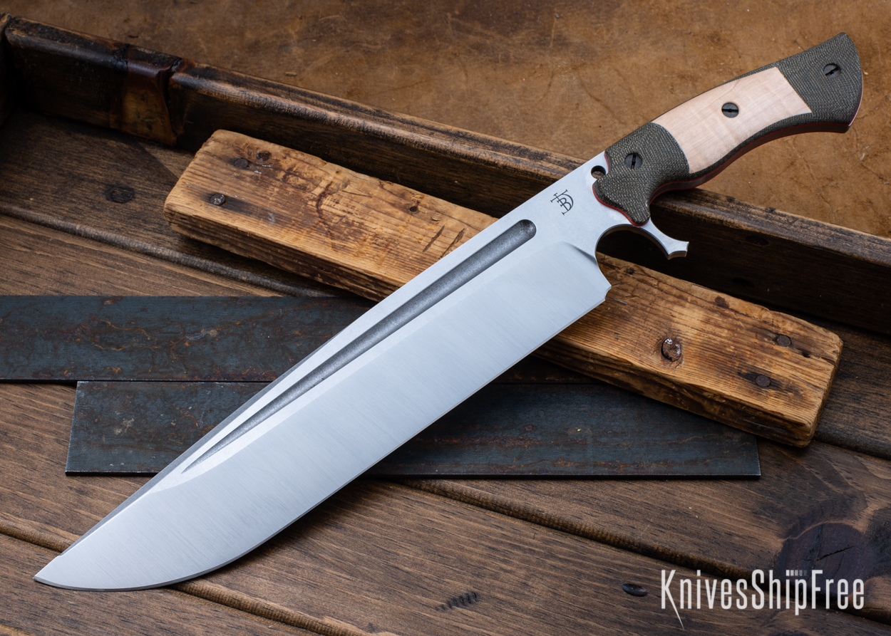 Devil's Horn - 80CrV2 - Green Micarta/Natural Curly Maple - Red Liners - Satin Finish (Front)