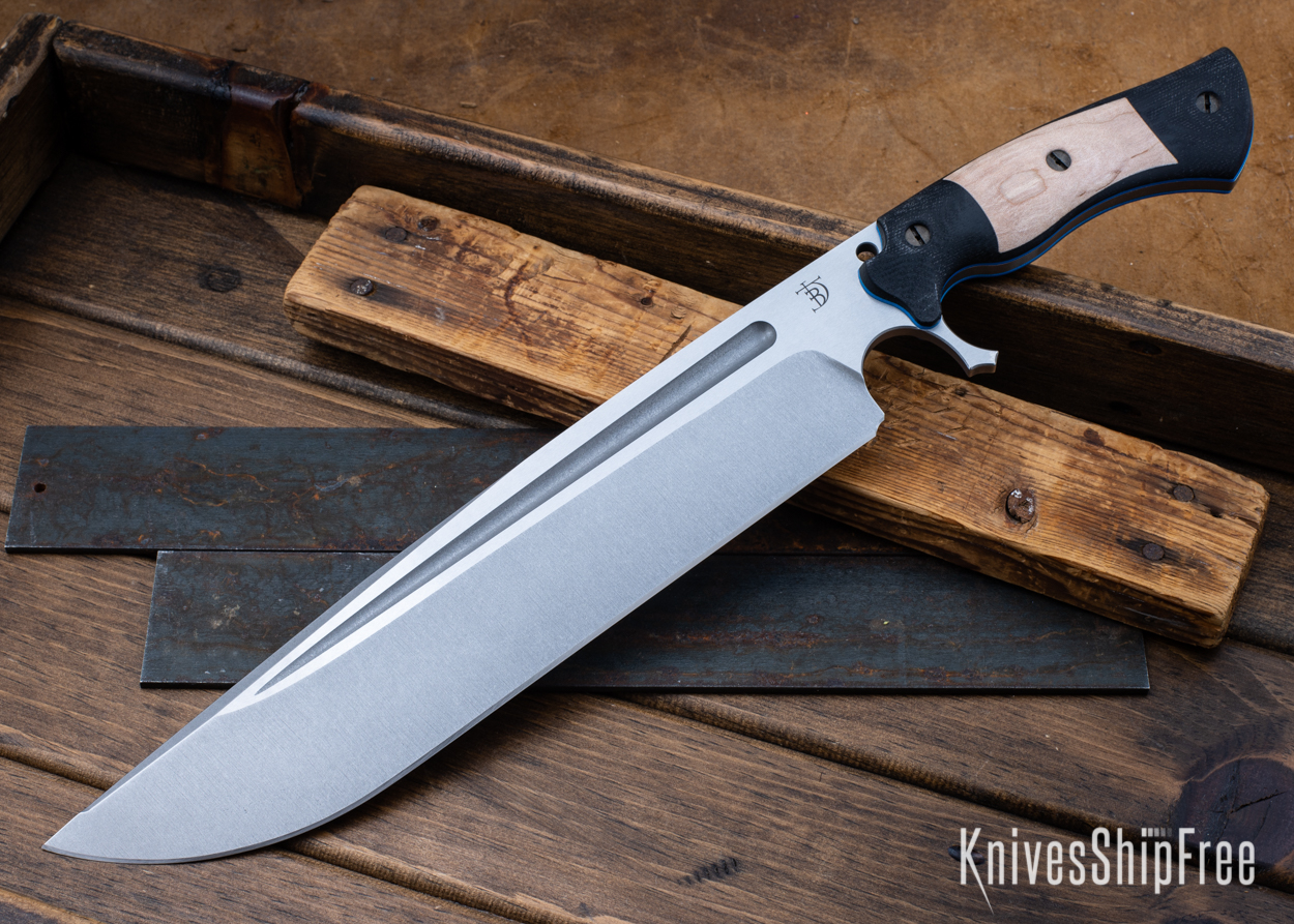 Devil's Horn - 80CrV2 - Black Micarta/Natural Curly Maple - Blue Liners - Tumbled Finish (Front)