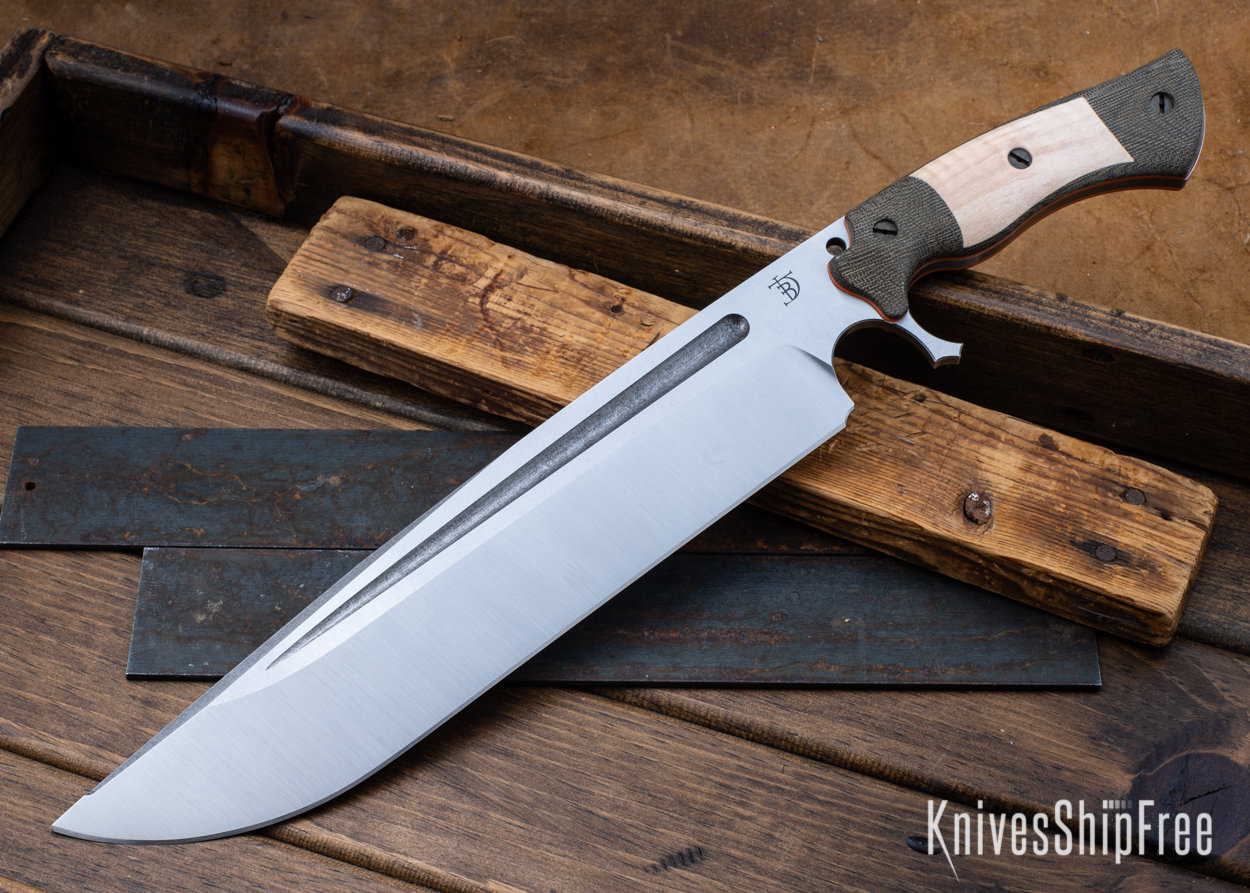 Devil's Horn - 80CrV2 - Green Micarta/Natural Curly Maple - Orange Liners - Satin Finish (Front)