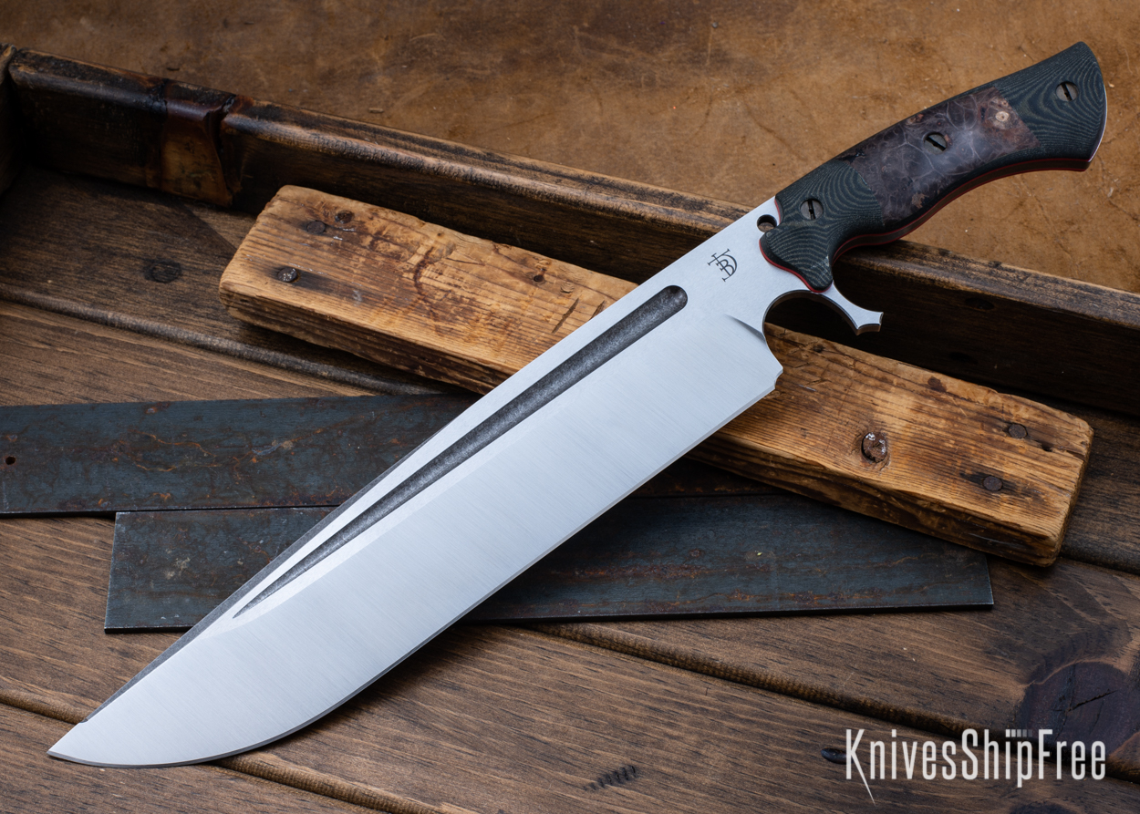 Devil's Horn - 80CrV2 - Black & Green Linen Micarta/Black Maple Burl - Red Liners - Satin Finish (Front)