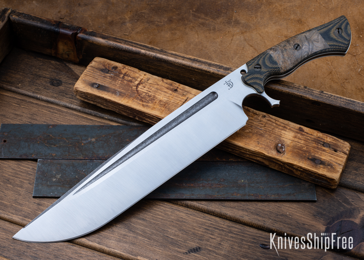 Devil's Horn - 80CrV2 - Camo Micarta/Dark Black Ash Burl - White Liners - Satin Finish (Front)