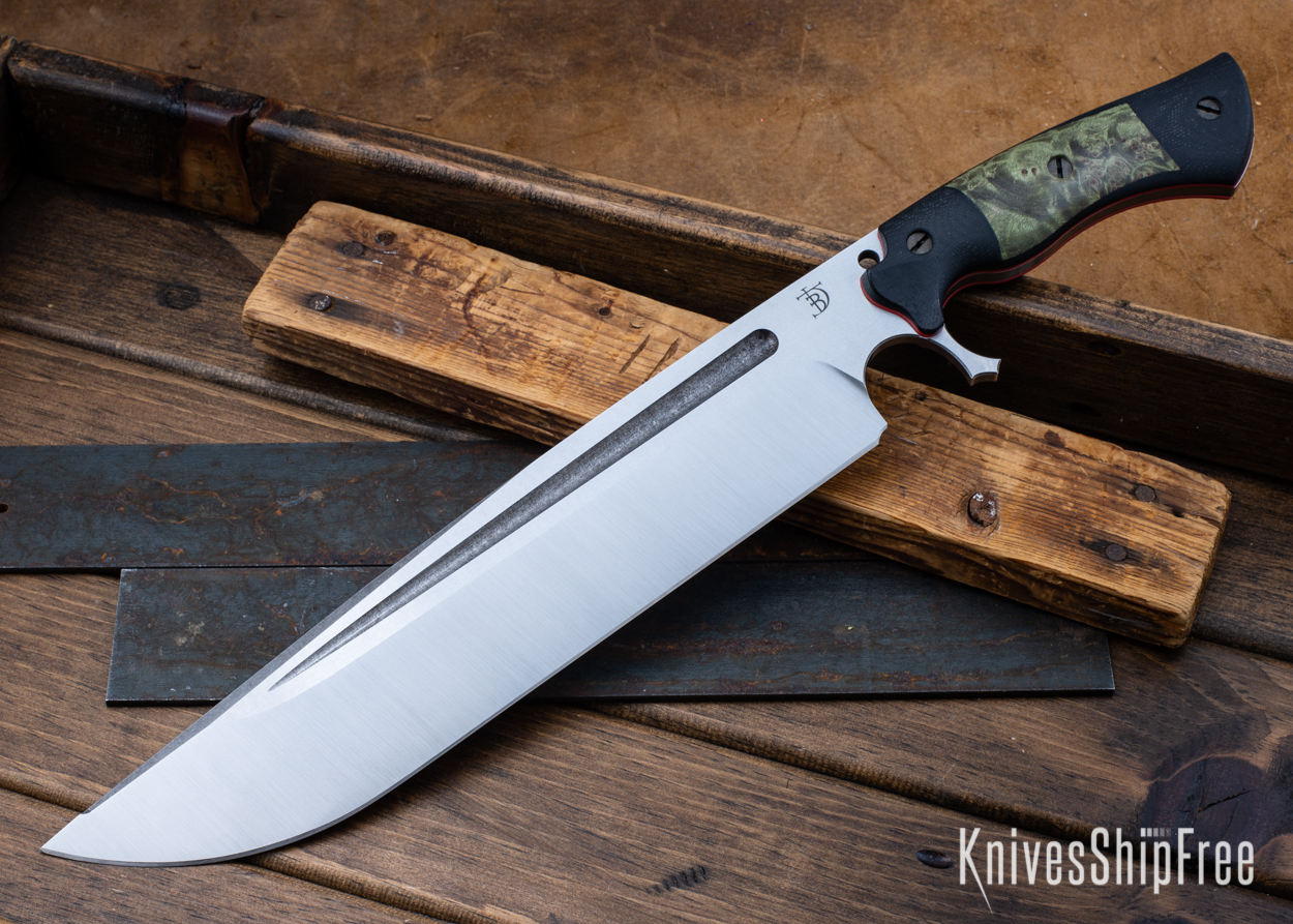 Devil's Horn - 80CrV2 - Black Micarta/Green Maple Burl - Red Liners - Satin Finish (Front)