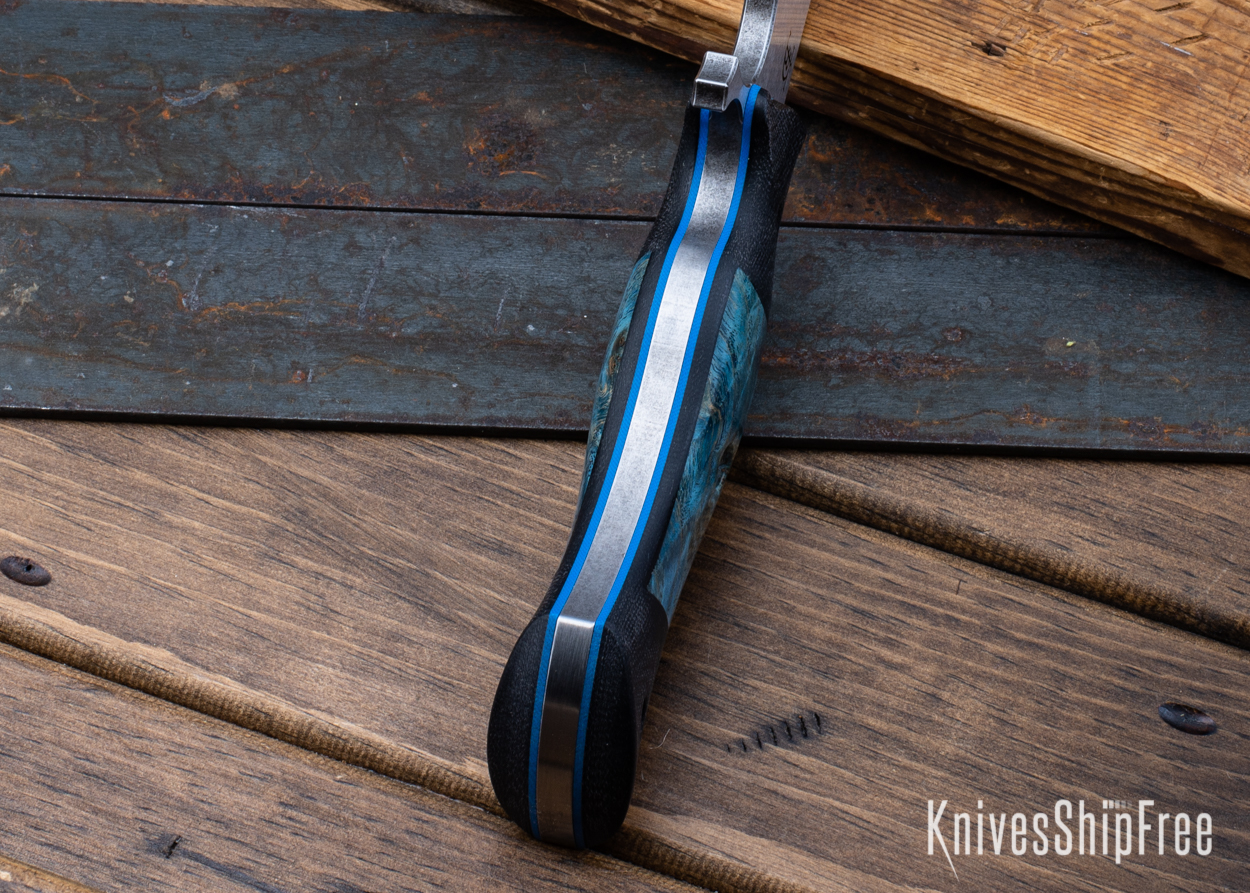 Devil's Horn - 80CrV2 - Black Micarta/Blue Maple Burl - Blue Liners - Satin Finish (Liners)