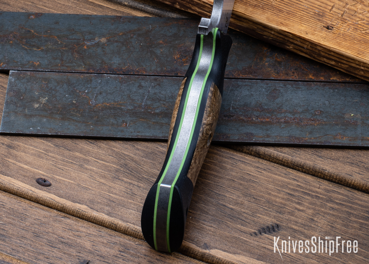 Devil's Horn - 80CrV2 - Black Micarta/Dark Black Ash Burl - Green Liners - Satin Finish (Liners)