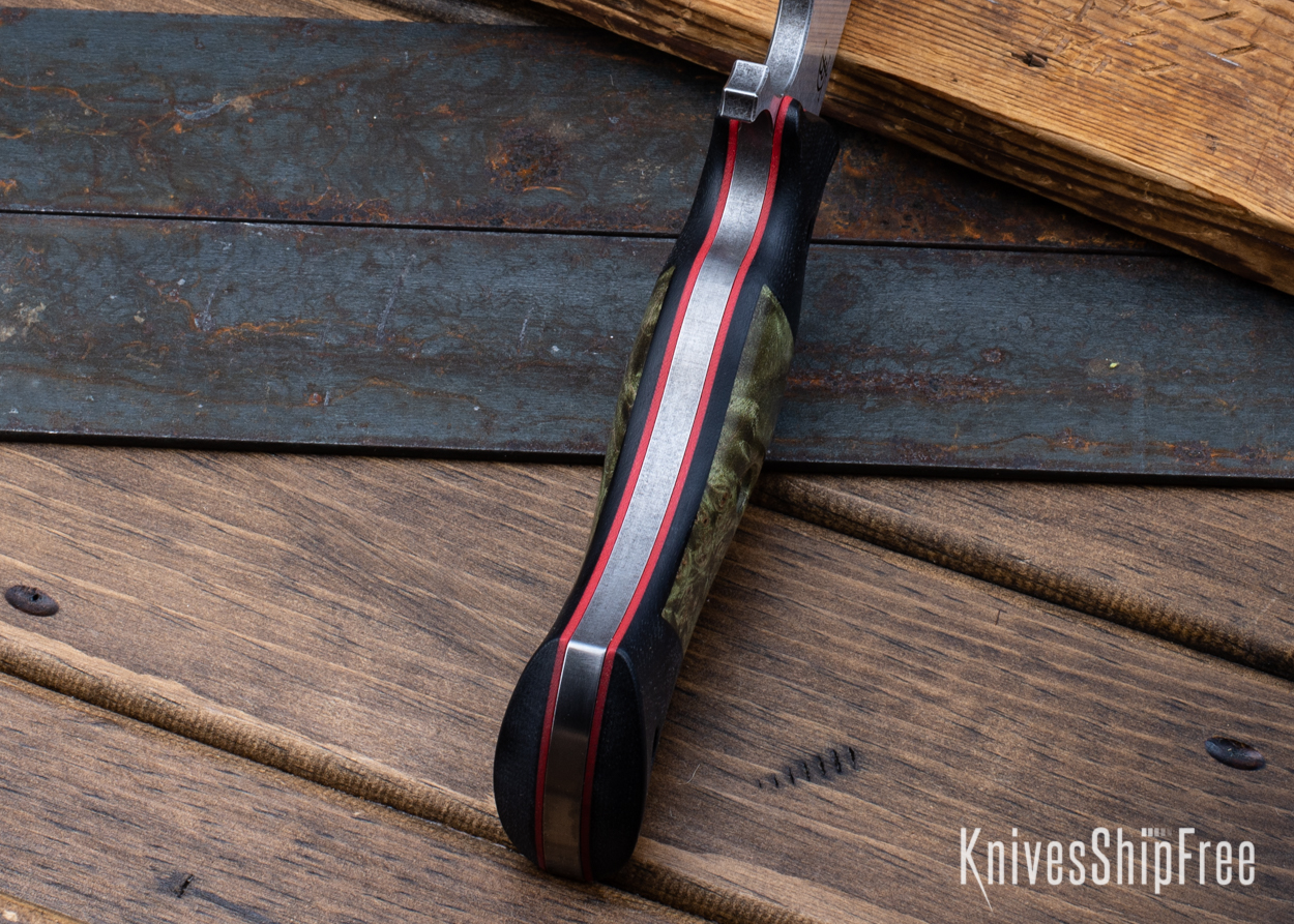 Devil's Horn - 80CrV2 - Black Micarta/Green Maple Burl - Red Liners - Satin Finish (Liners)