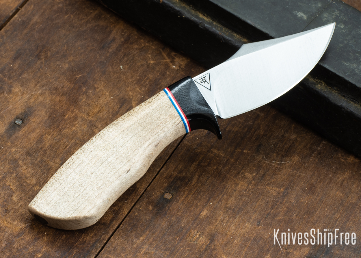 Dark Timber Knives: Dark Knight Skinner AEBL - Natural Curly Maple - Black Guard - Red/Wht/Blue Spacer - 121806