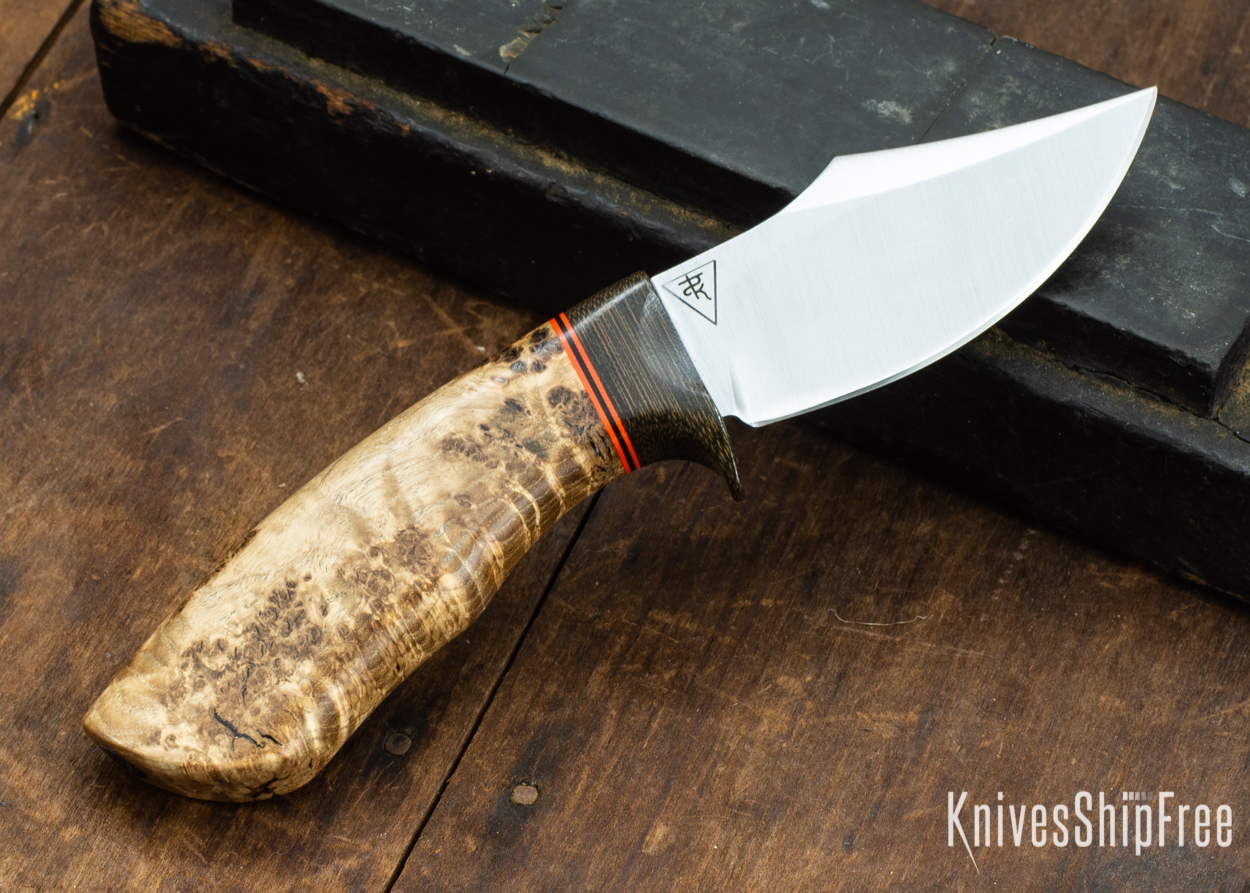 Dark Timber Knives: Dark Knight Skinner AEBL - Black Ash Burl - Green Guard - Org/Blk/Org Spacer - 121851