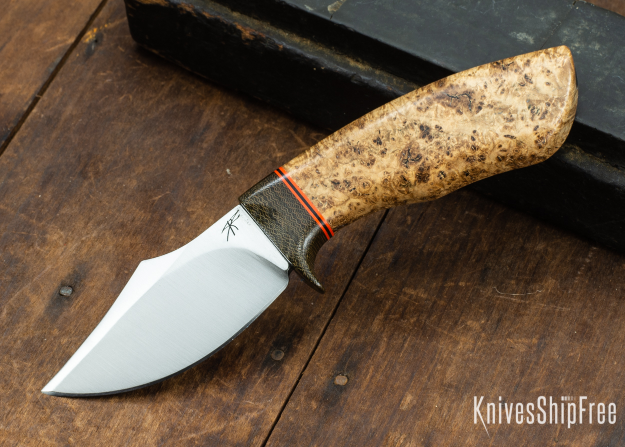 Dark Timber Knives: Dark Knight Skinner AEBL - Black Ash Burl - Green Guard - Org/Blk/Org Spacer - 121852