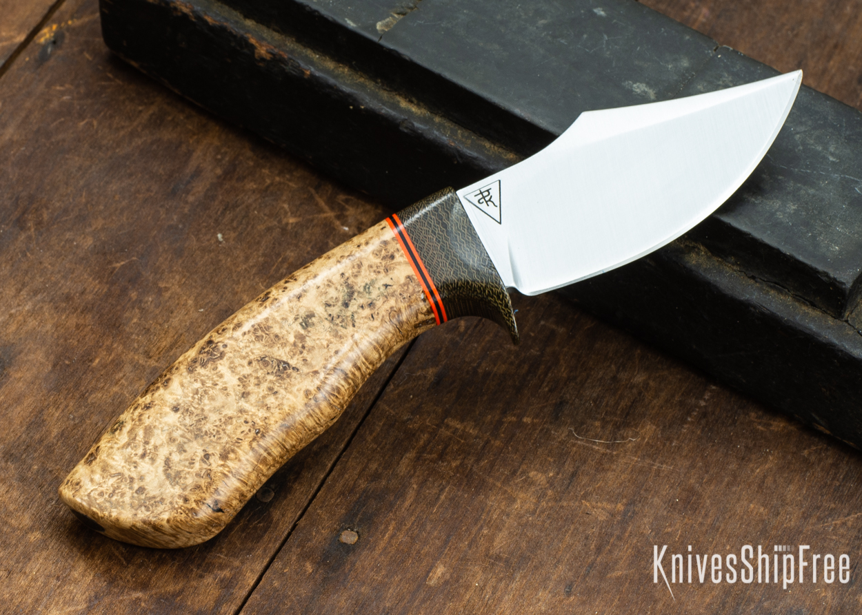 Dark Timber Knives: Dark Knight Skinner AEBL - Black Ash Burl - Green Guard - Org/Blk/Org Spacer - 121852