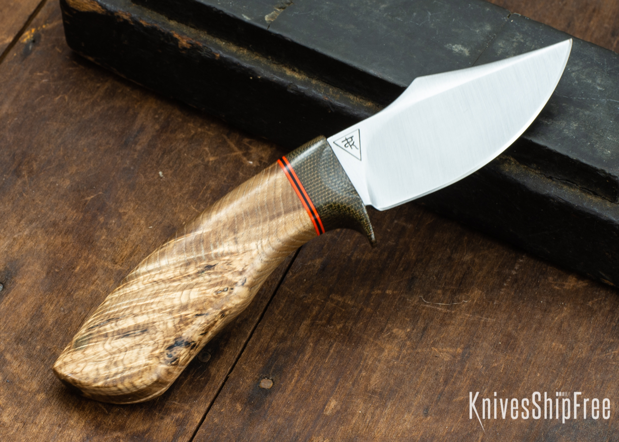 Dark Timber Knives: Dark Knight Skinner AEBL - Black Ash Burl - Green Guard - Org/Blk/Org Spacer - 121853
