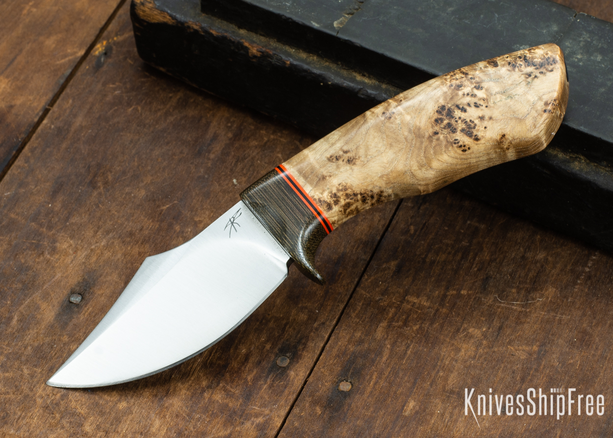 Dark Timber Knives: Dark Knight Skinner AEBL - Black Ash Burl - Green Guard - Org/Blk/Org Spacer - 121854