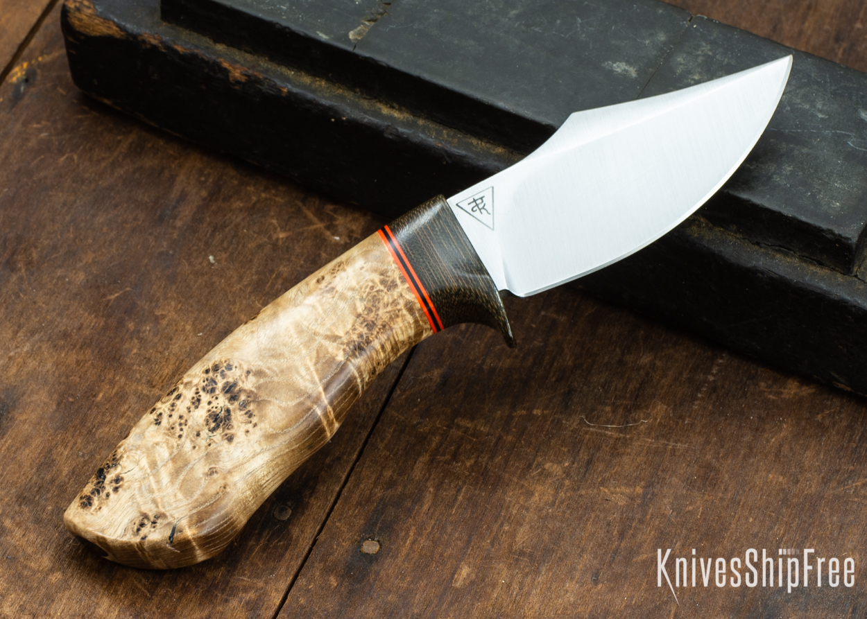 Dark Timber Knives: Dark Knight Skinner AEBL - Black Ash Burl - Green Guard - Org/Blk/Org Spacer - 121854