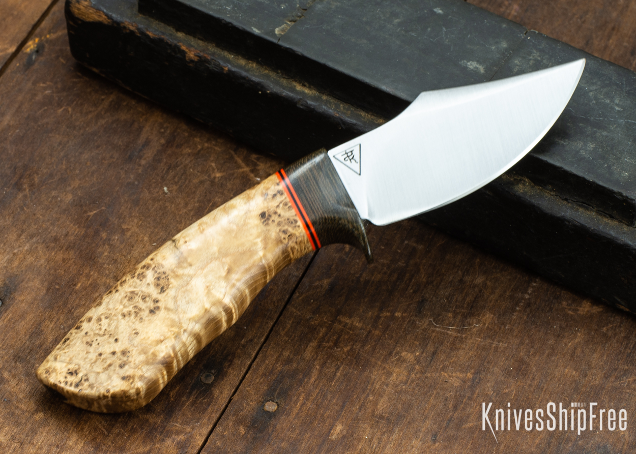 Dark Timber Knives: Dark Knight Skinner AEBL - Black Ash Burl - Green Guard - Org/Blk/Org Spacer - 121855