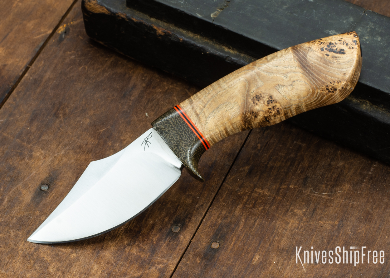 Dark Timber Knives: Dark Knight Skinner AEBL - Black Ash Burl - Green Guard - Org/Blk/Org Spacer - 121856