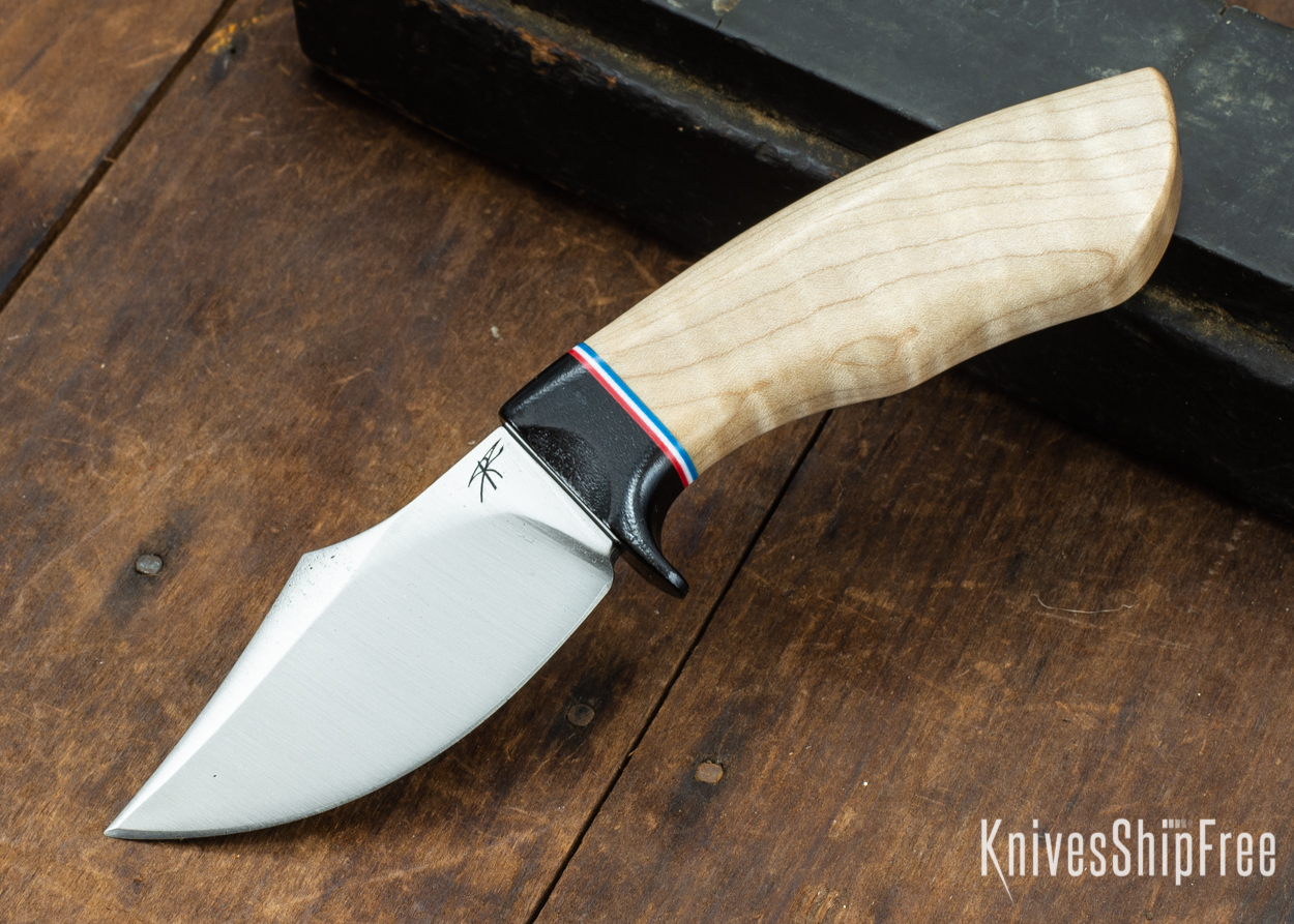 Dark Timber Knives: Dark Knight Skinner AEBL - Natural Curly Maple - Black Guard - Red/Wht/Blue Spacer - 121807