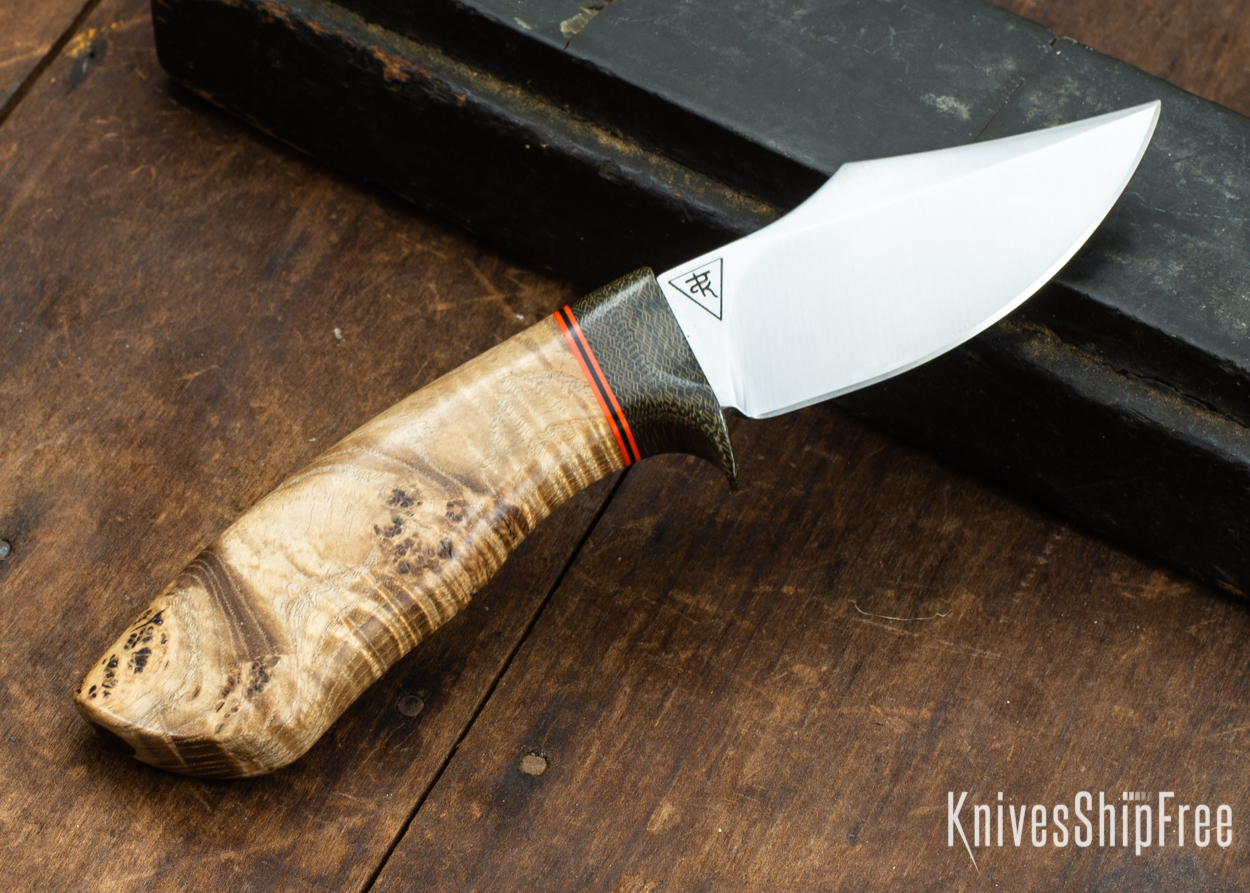 Dark Timber Knives: Dark Knight Skinner AEBL - Black Ash Burl - Green Guard - Org/Blk/Org Spacer - 121856