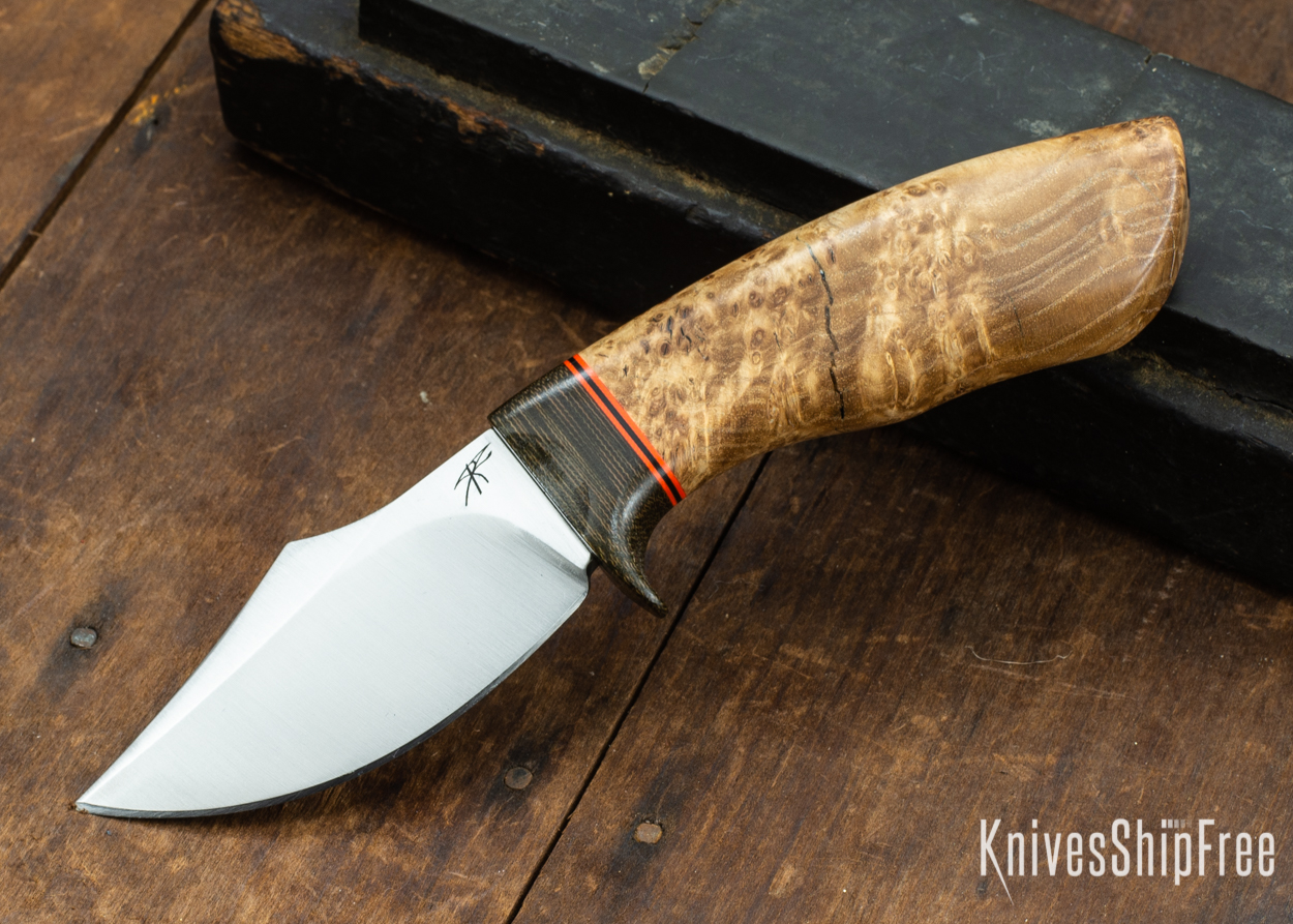 Dark Timber Knives: Dark Knight Skinner AEBL - Black Ash Burl - Green Guard - Org/Blk/Org Spacer - 121857